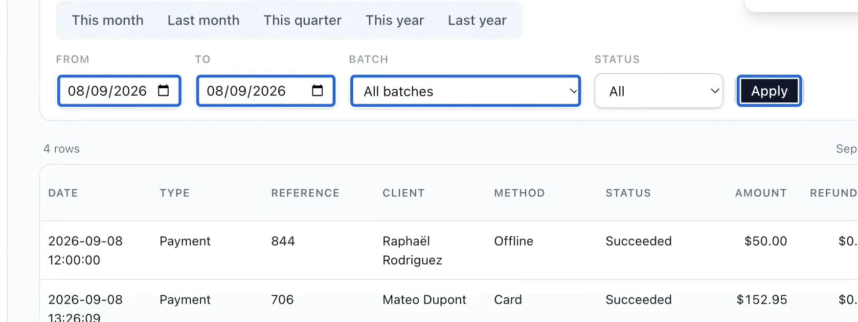 Screenshot: Choose the report period. The blue outlines identify the controls described in this step.
