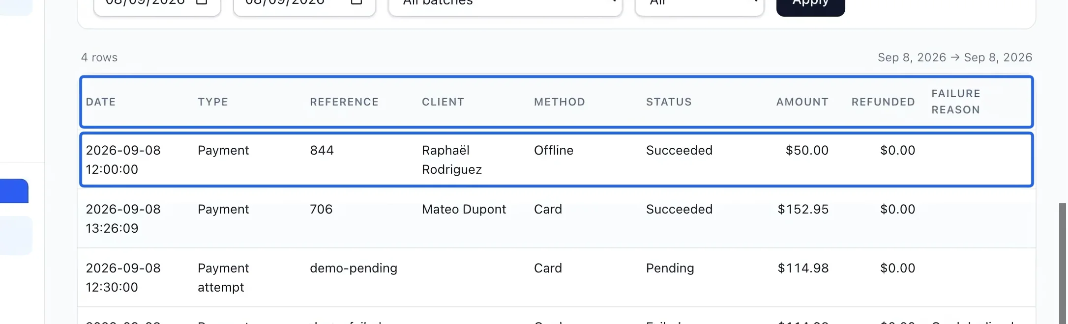 Screenshot: Distinguish a payment from an attempt. The blue outlines identify the controls described in this step.