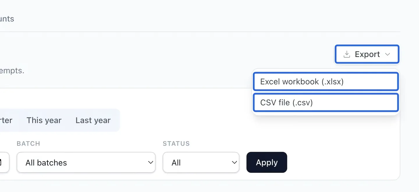 Screenshot: Export the filtered report. The blue outlines identify the controls described in this step.