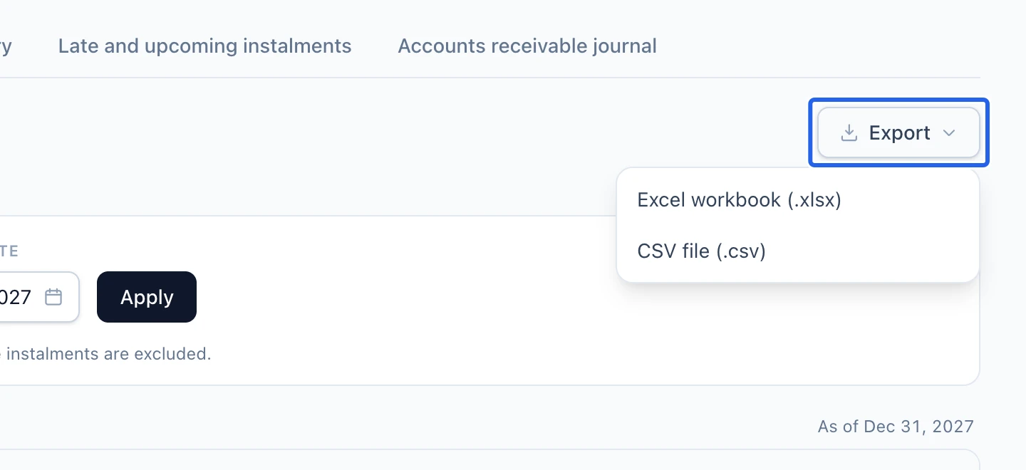 Screenshot: Inspect records and export. The blue outlines identify the controls described in this step.