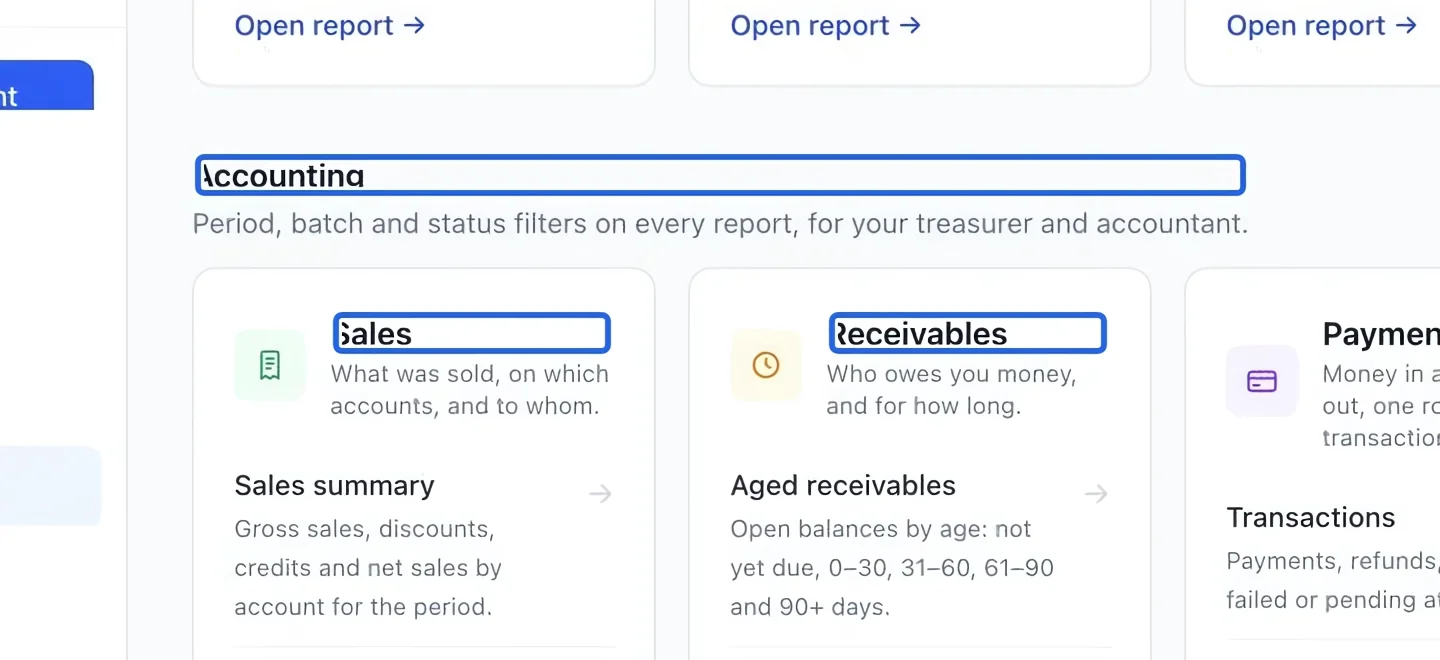 Screenshot: Choose a financial report. The blue outlines identify the controls described in this step.