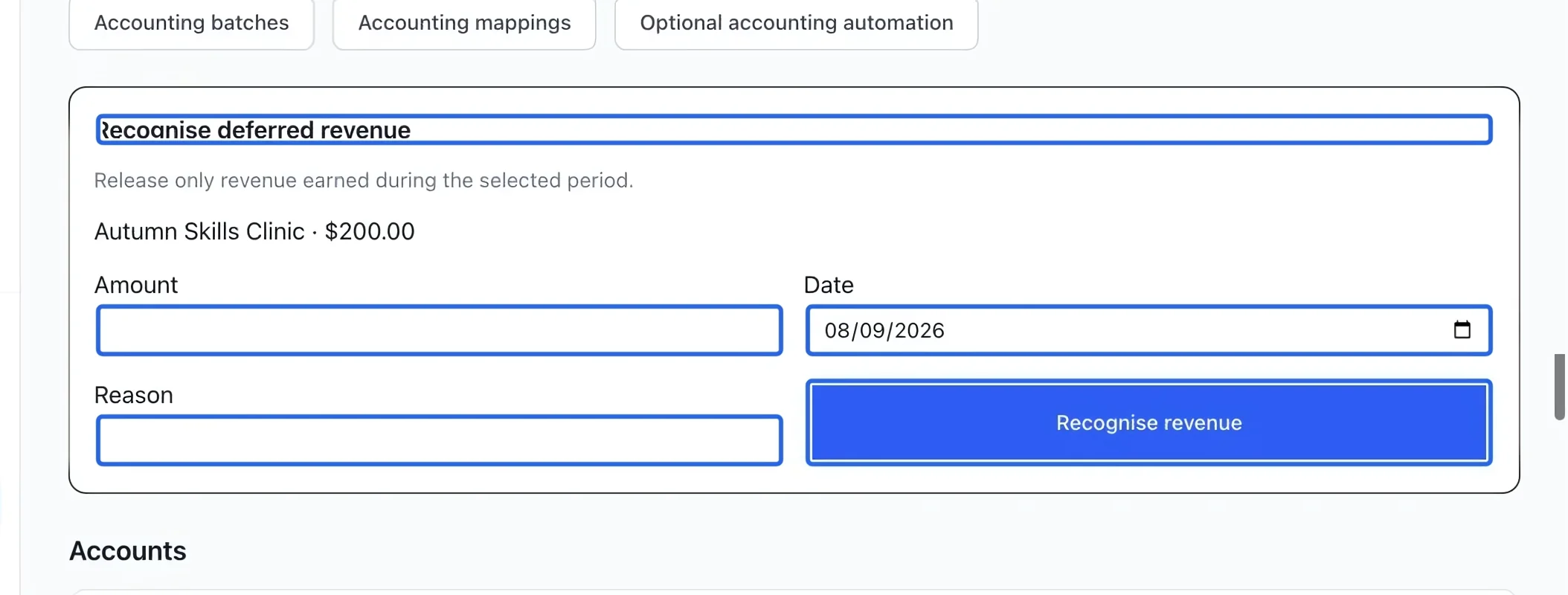 Screenshot: Recognize an earned amount. The blue outlines identify the controls described in this step.