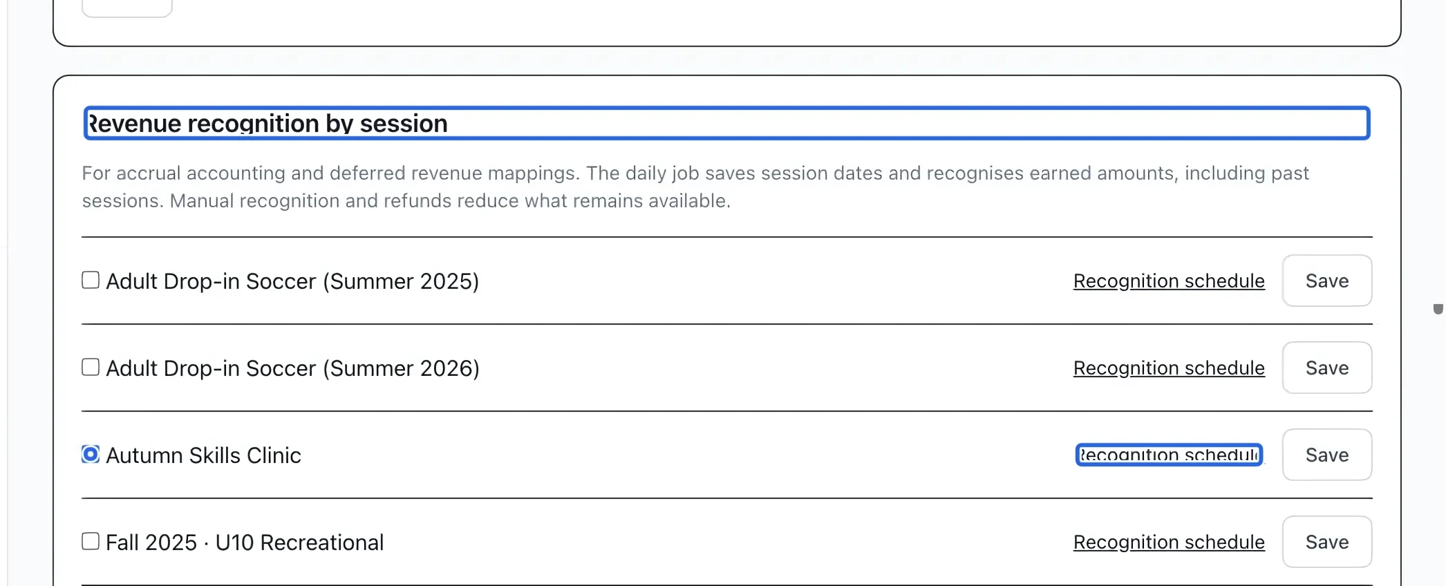 Screenshot: Enable recognition by session. The blue outlines identify the controls described in this step.