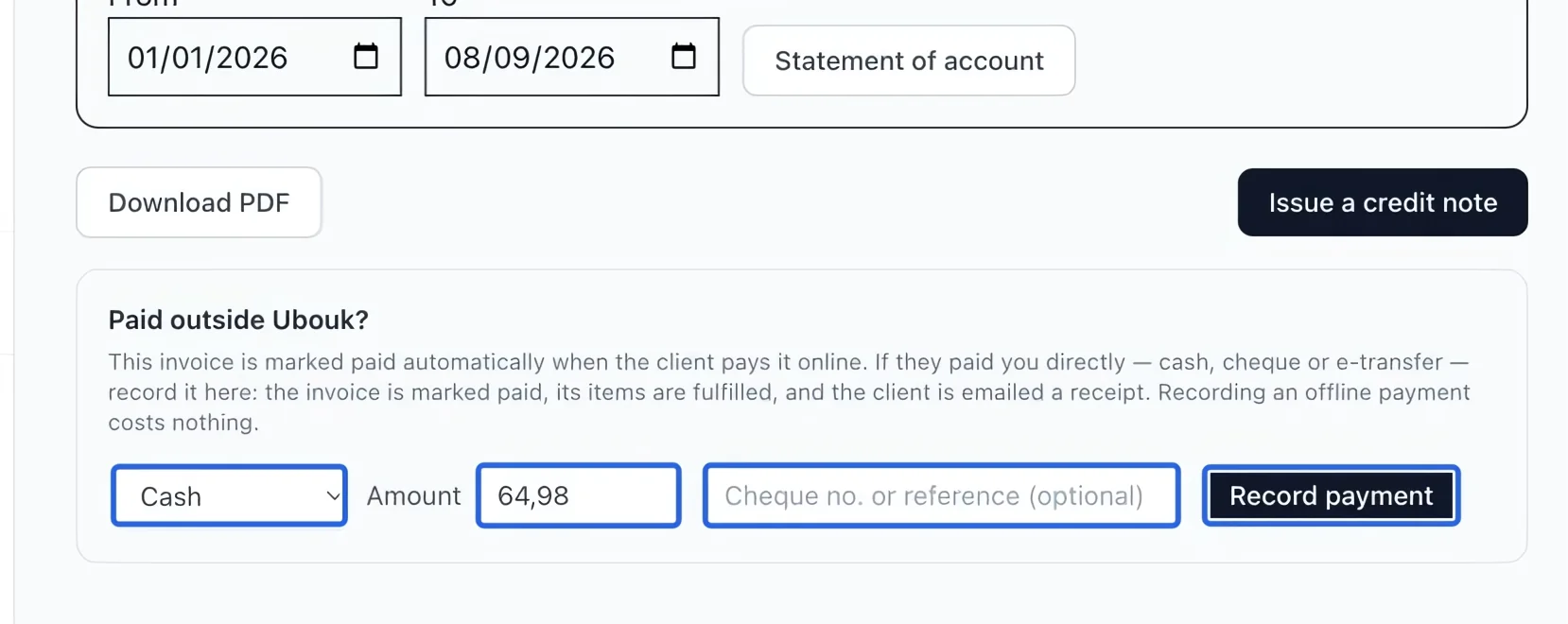 Screenshot: Enter the amount actually received. The blue outlines identify the controls described in this step.