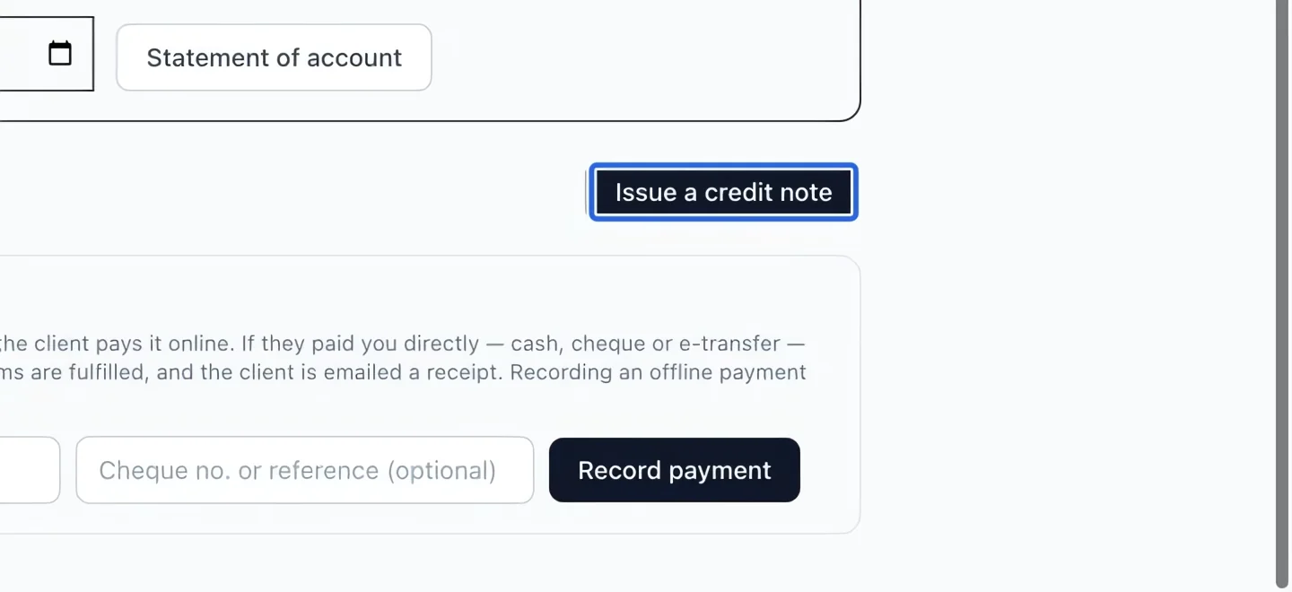 Screenshot: Open the paid or partly paid invoice. The blue outlines identify the controls described in this step.