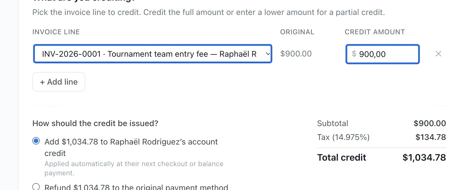 Screenshot: Choose lines and amounts. The blue outlines identify the controls described in this step.