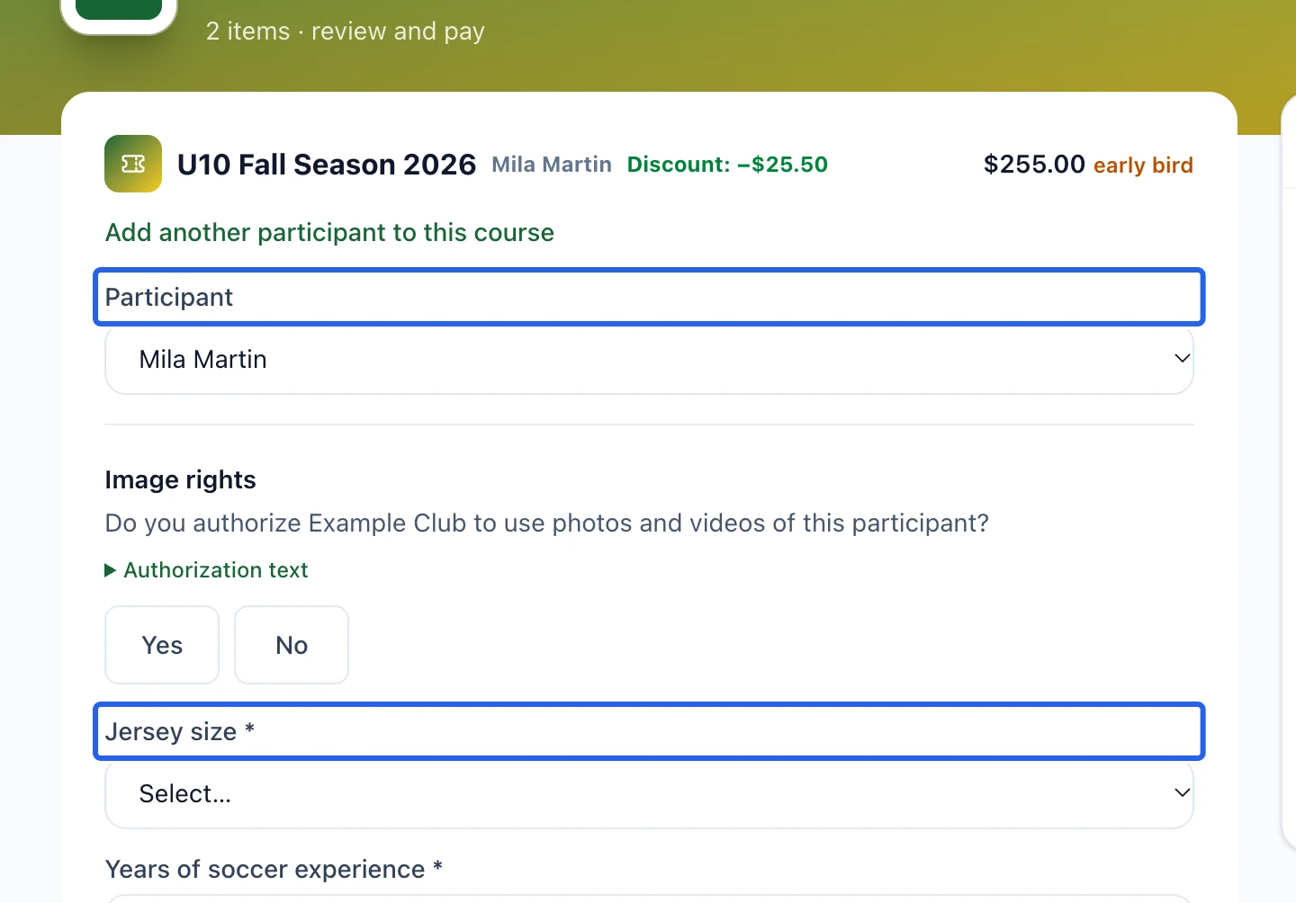 Screenshot: Confirm each participant’s profile. The blue outlines identify the controls described in this step.