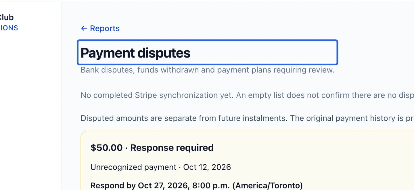 Screenshot: Open the dispute report. The blue outlines identify the controls described in this step.