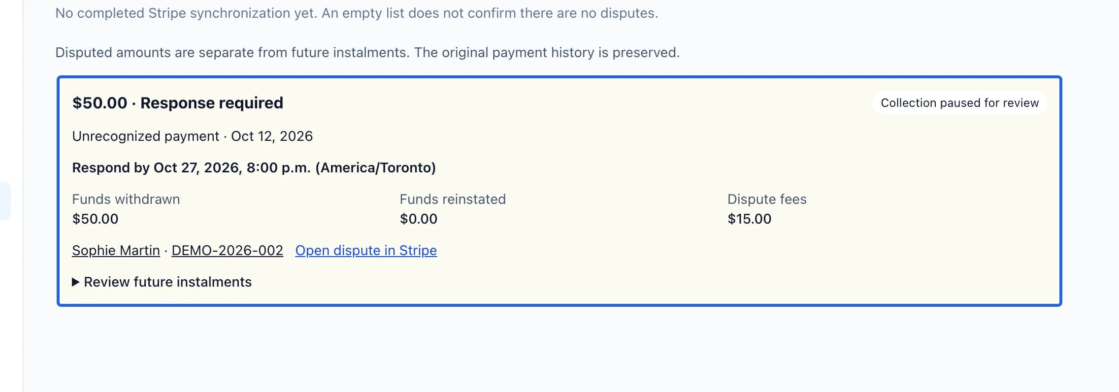 Screenshot: Inspect the disputed payment and plan. The blue outlines identify the controls described in this step.