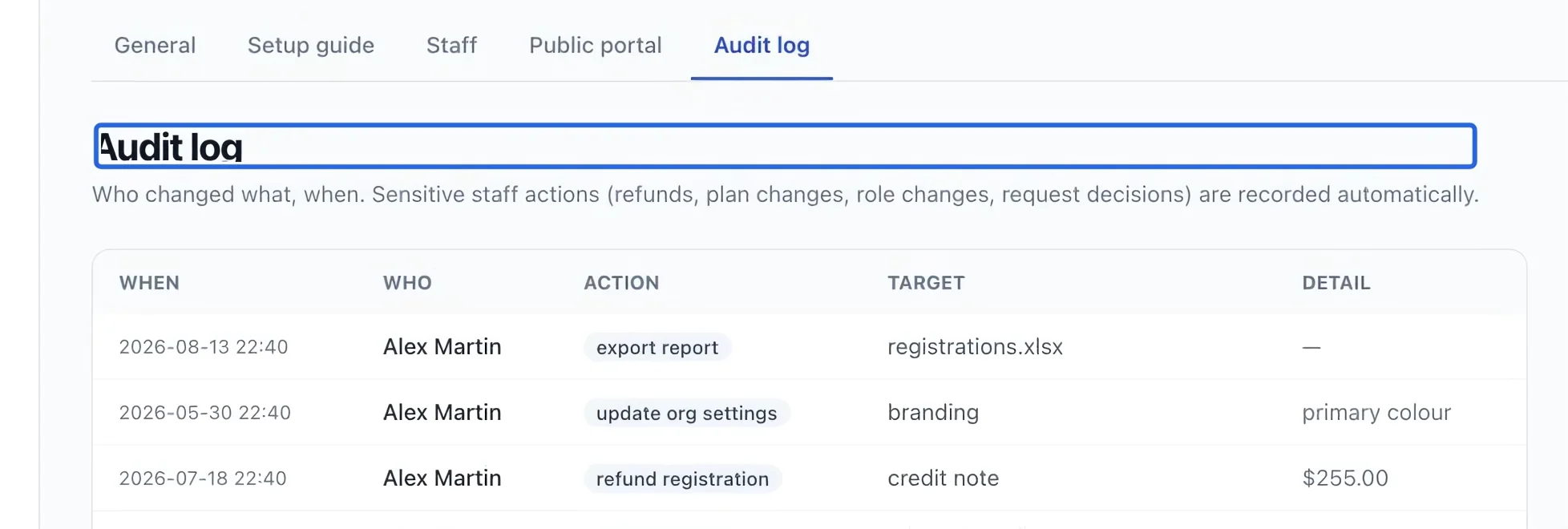 Screenshot: Open the audit log. The blue outlines identify the controls described in this step.
