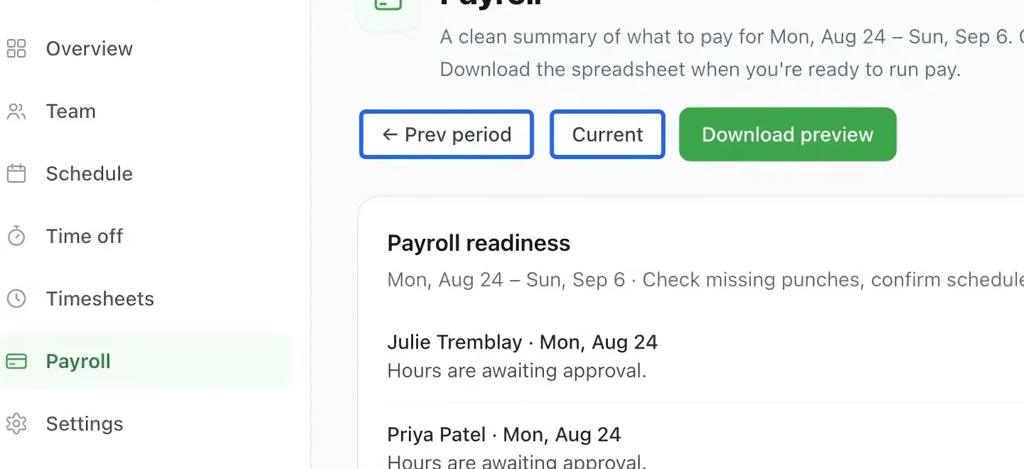 Screenshot: Select the payroll period. The blue outlines identify the controls described in this step.