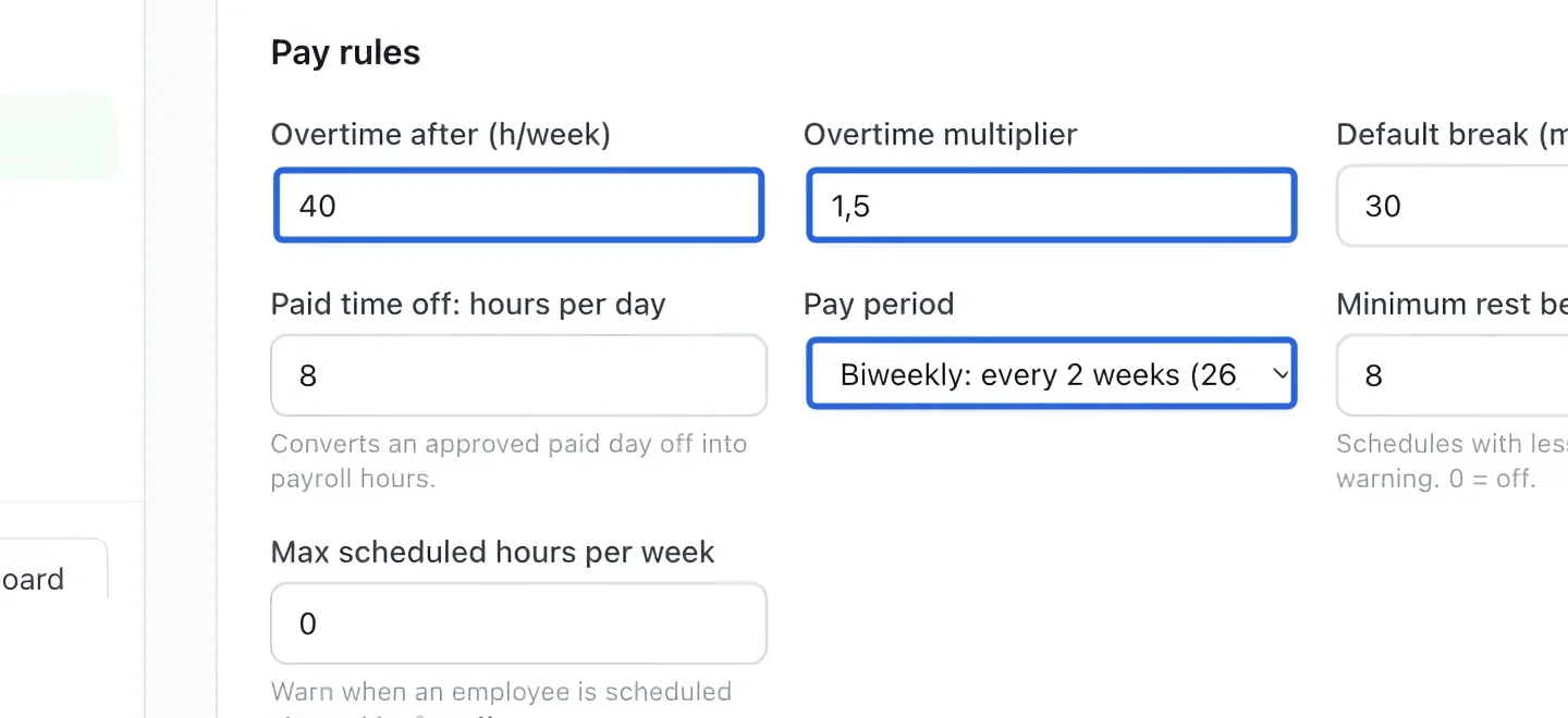 Screenshot: Verify pay rules. The blue outlines identify the controls described in this step.