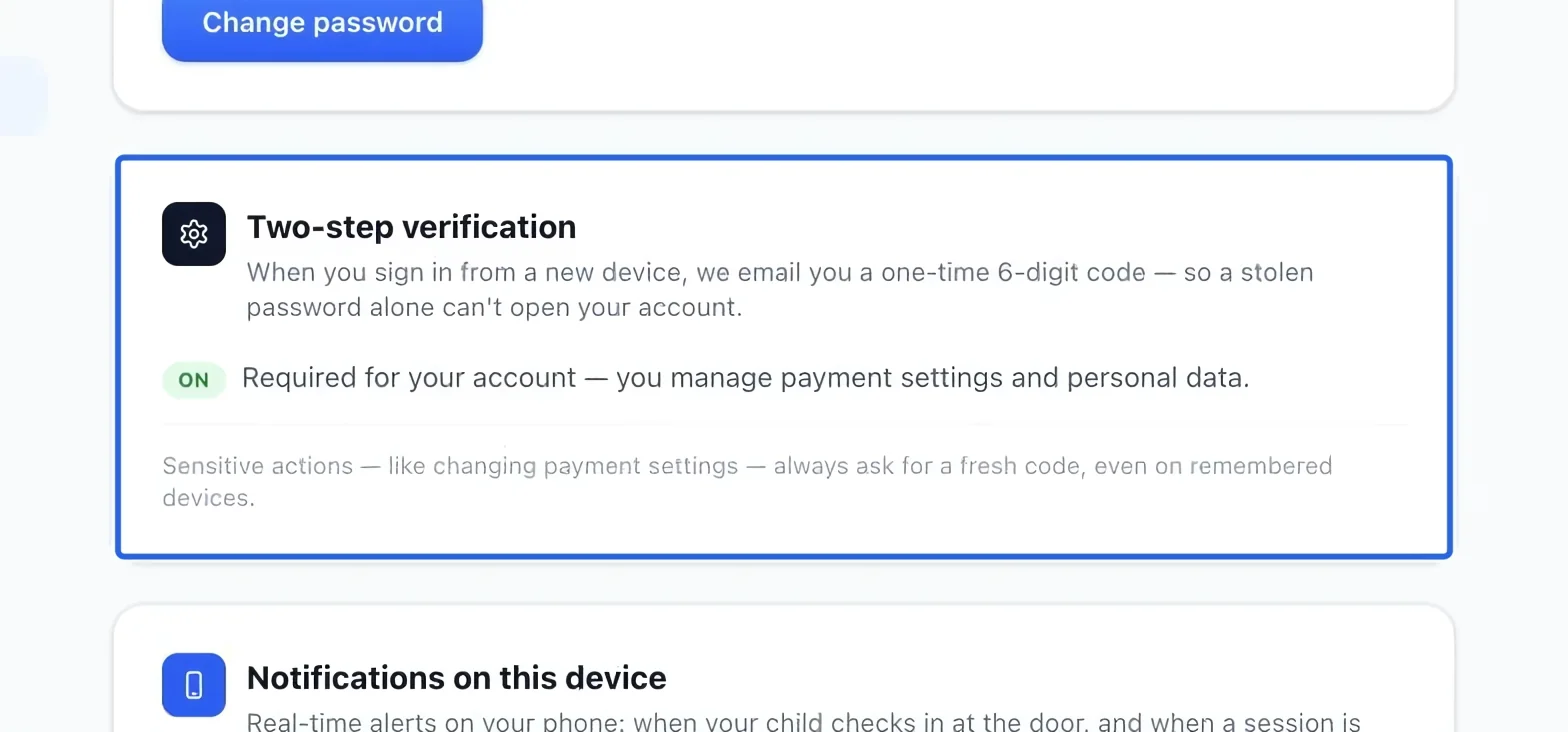 Screenshot: Review two-step verification. The blue outlines identify the controls described in this step.