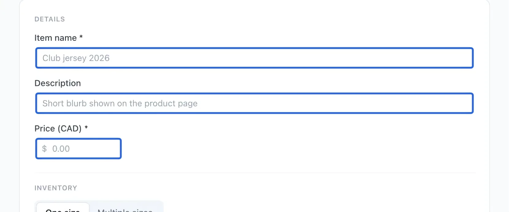 Screenshot: Describe and price the item. The blue outlines identify the controls described in this step.