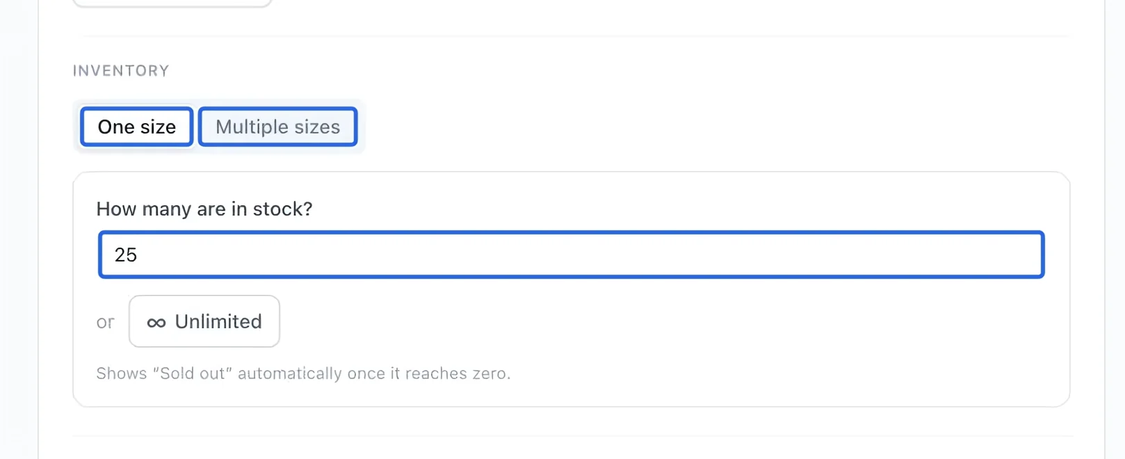 Screenshot: Choose sizes and stock. The blue outlines identify the controls described in this step.