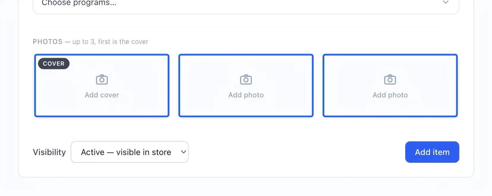 Screenshot: Add product photos. The blue outlines identify the controls described in this step.