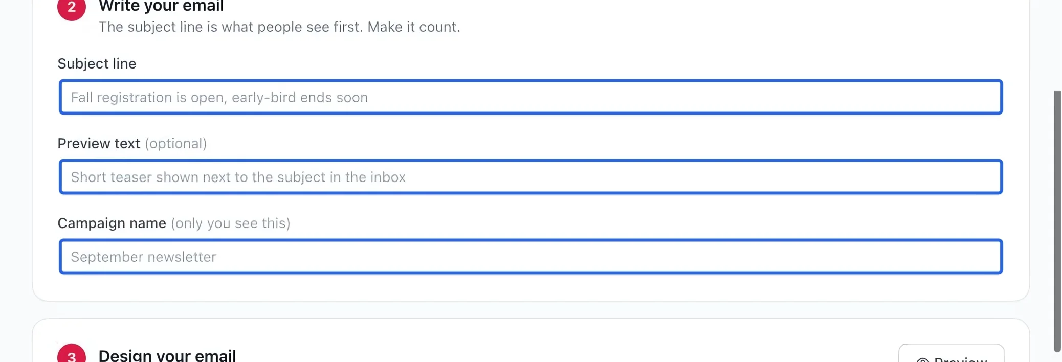 Screenshot: Write the inbox details. The blue outlines identify the controls described in this step.