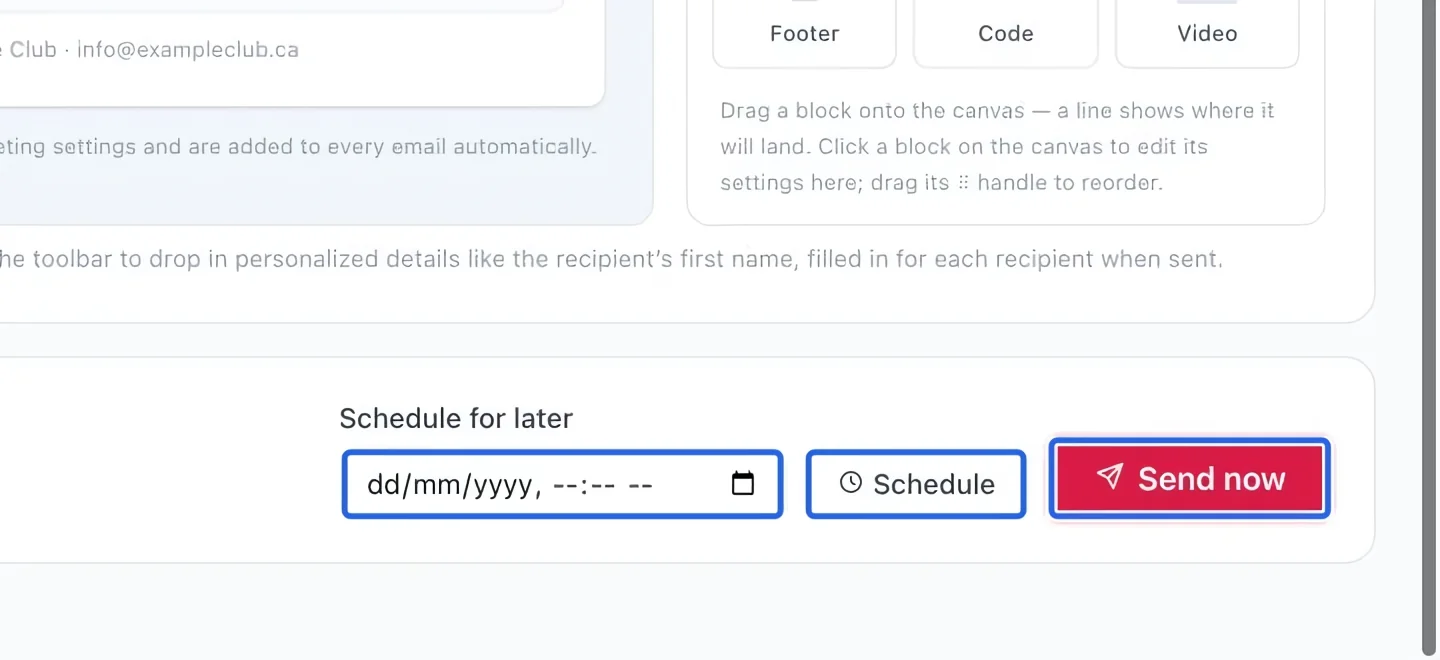 Screenshot: Send or schedule. The blue outlines identify the controls described in this step.