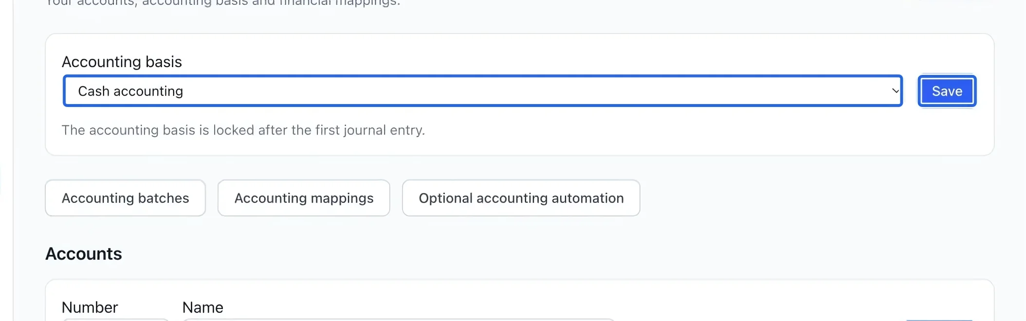 Screenshot: Check access and accounting basis. The blue outlines identify the controls described in this step.
