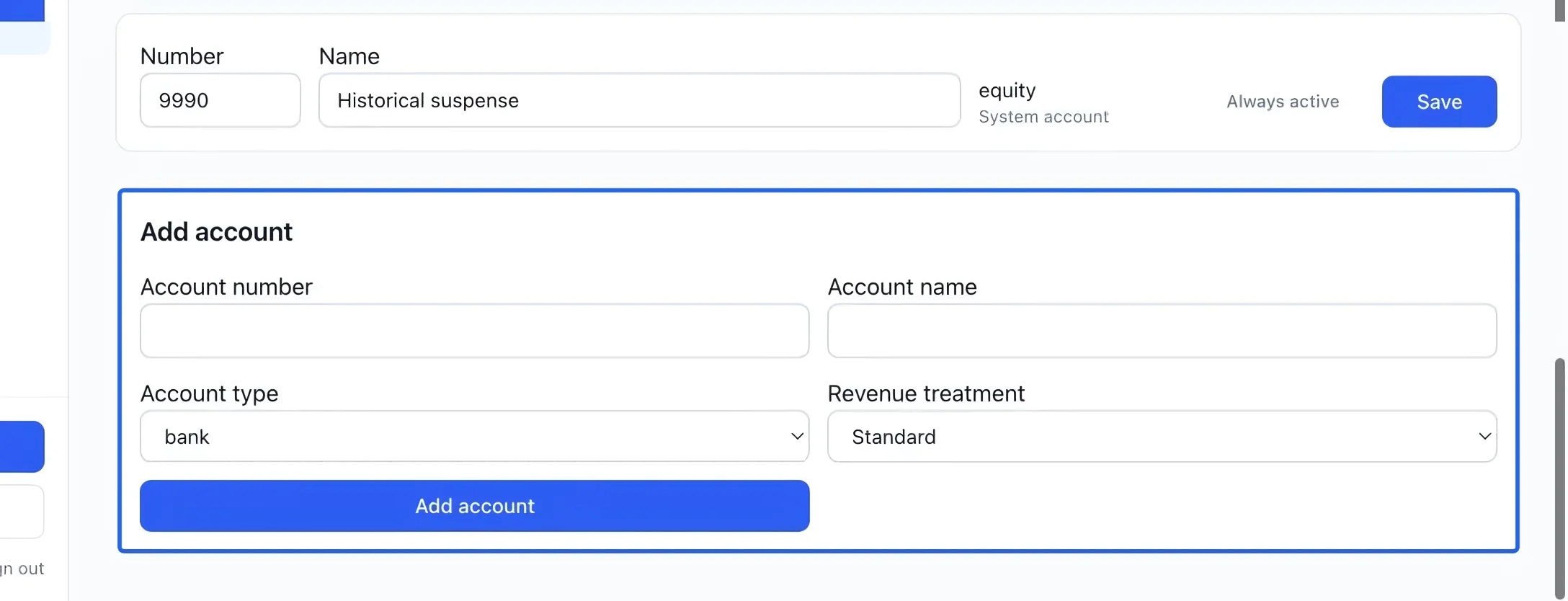 Screenshot: Add an account. The blue outlines identify the controls described in this step.