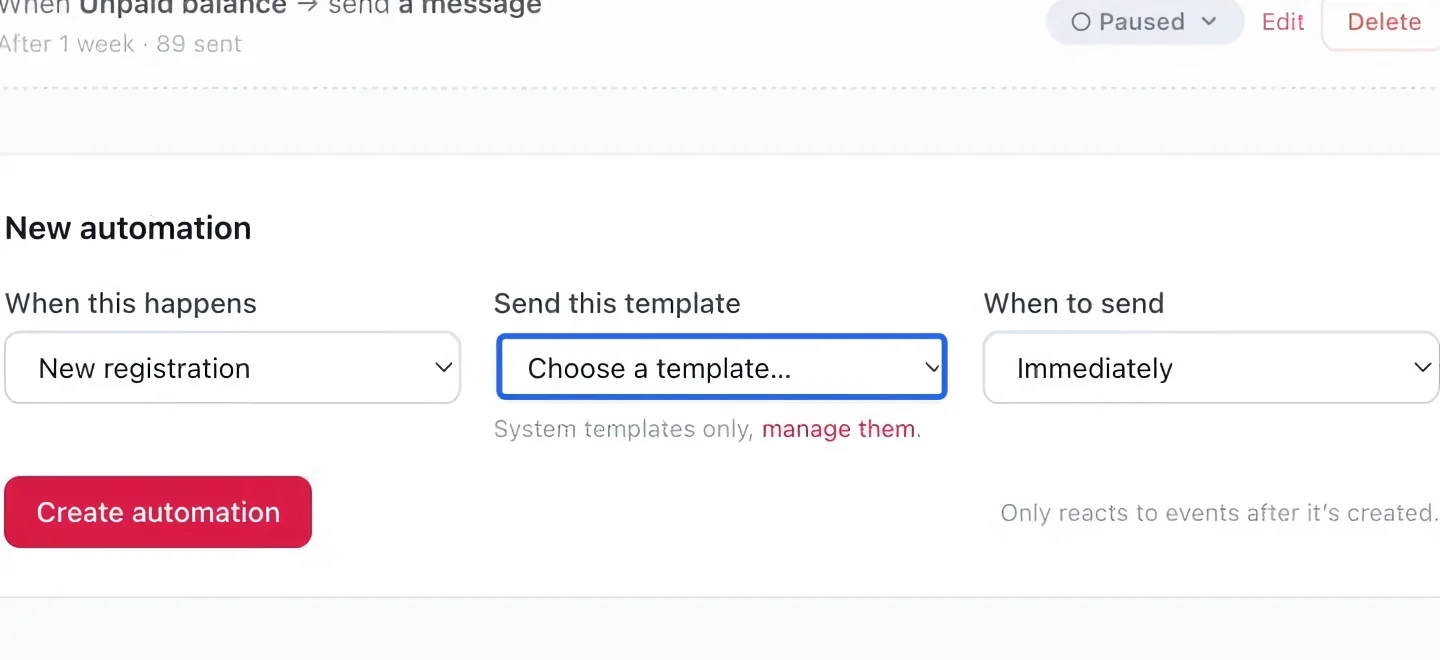 Screenshot: Choose the message template. The blue outlines identify the controls described in this step.