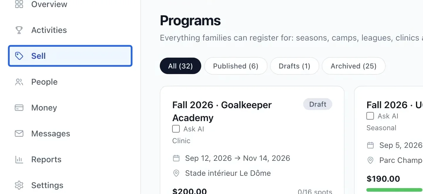 Screenshot: Open a section. The blue outlines identify the controls described in this step.