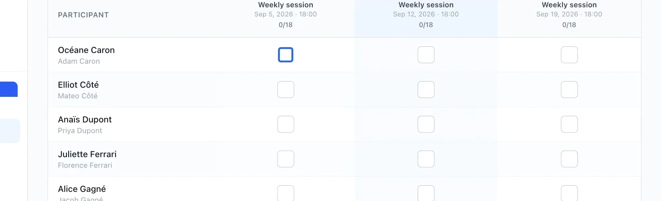 Screenshot: Mark the correct session. The blue outlines identify the controls described in this step.