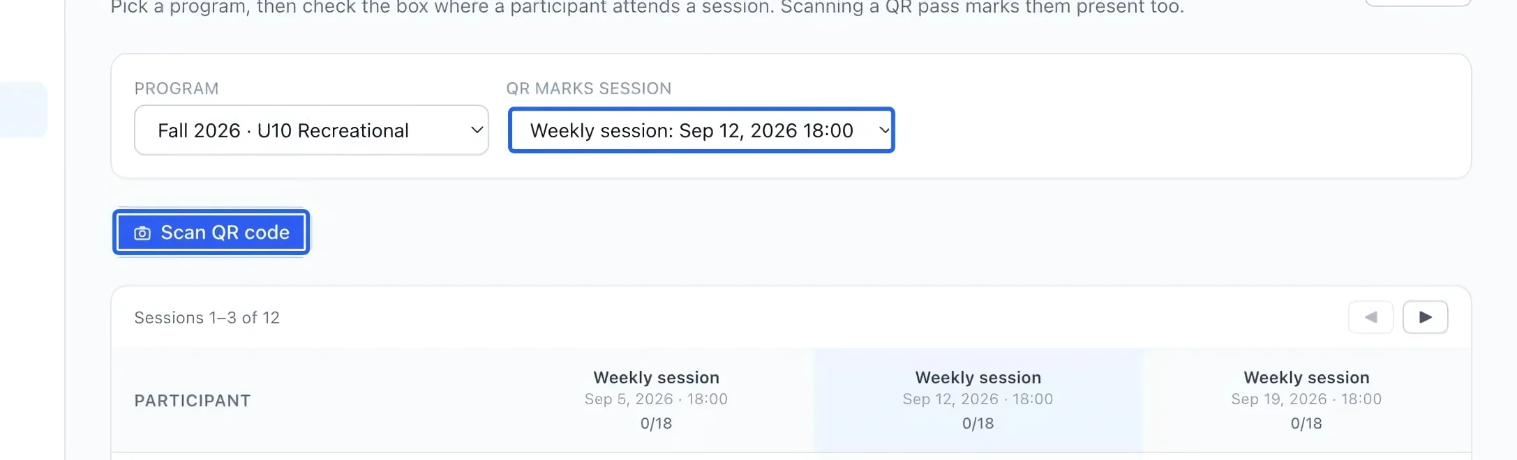 Screenshot: Use QR check-in if needed. The blue outlines identify the controls described in this step.