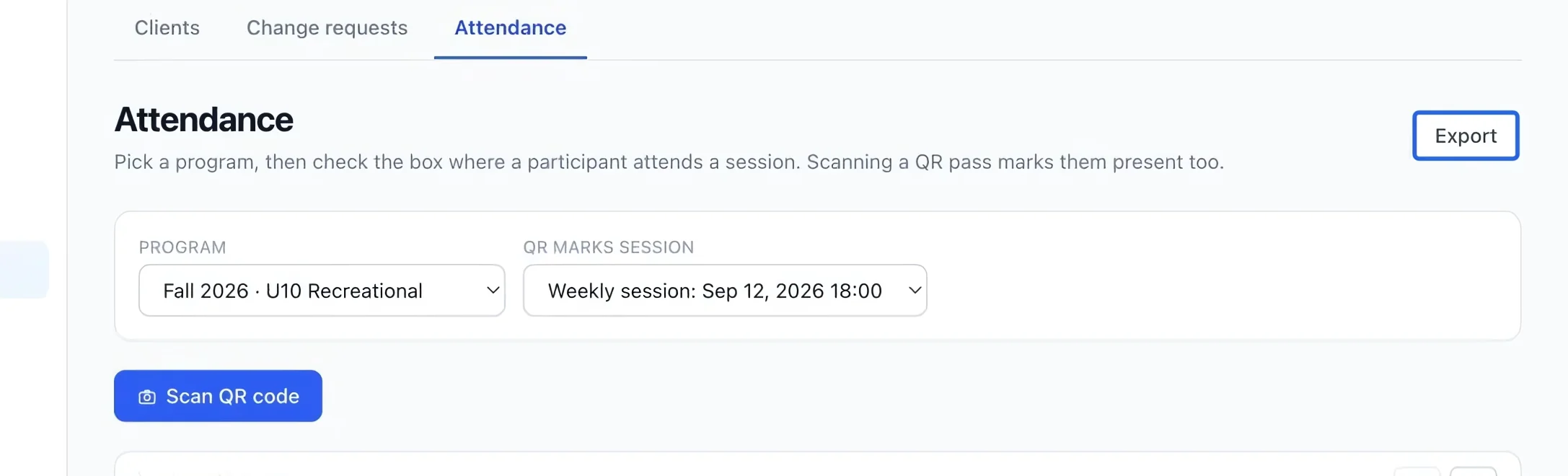Screenshot: Export or review attendance. The blue outlines identify the controls described in this step.