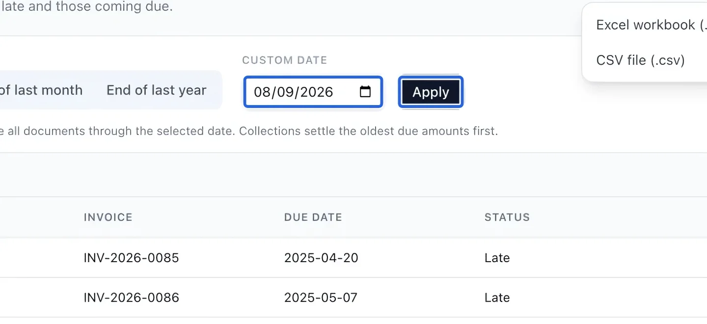 Screenshot: Choose the balance date. The blue outlines identify the controls described in this step.
