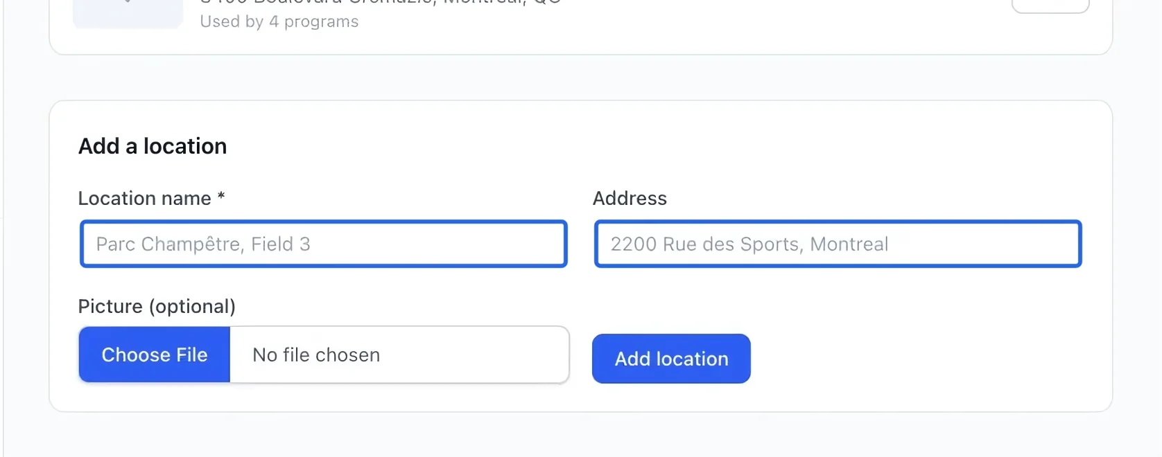 Screenshot: Add a venue. The blue outlines identify the controls described in this step.