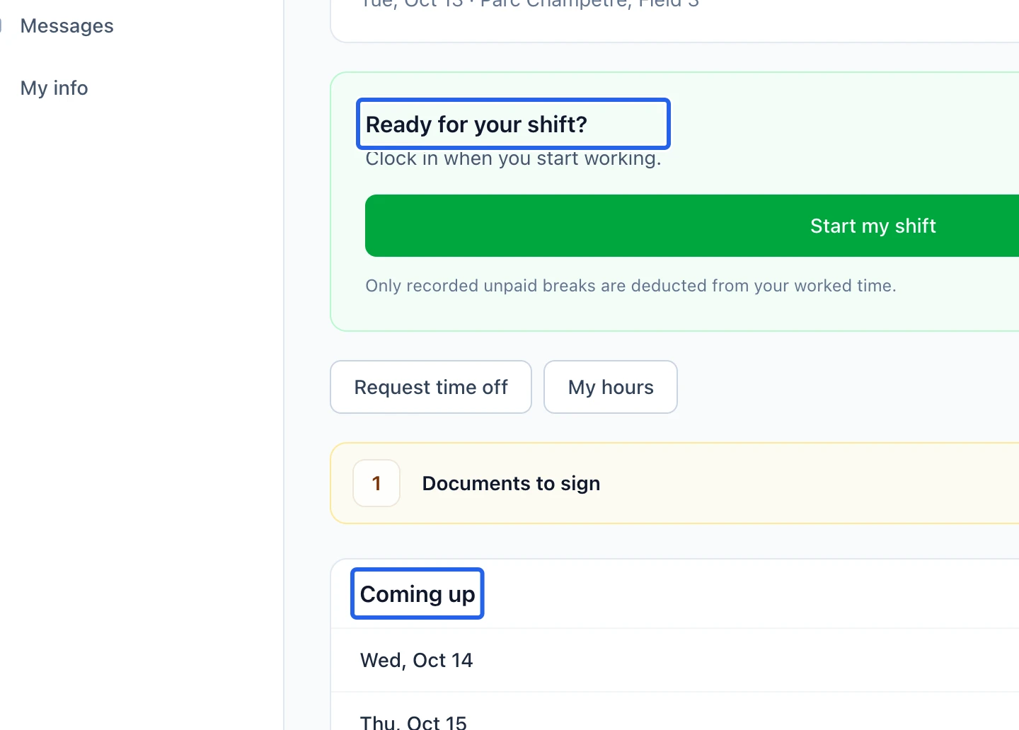 Screenshot: Open your personal workspace. The blue outlines identify the controls described in this step.