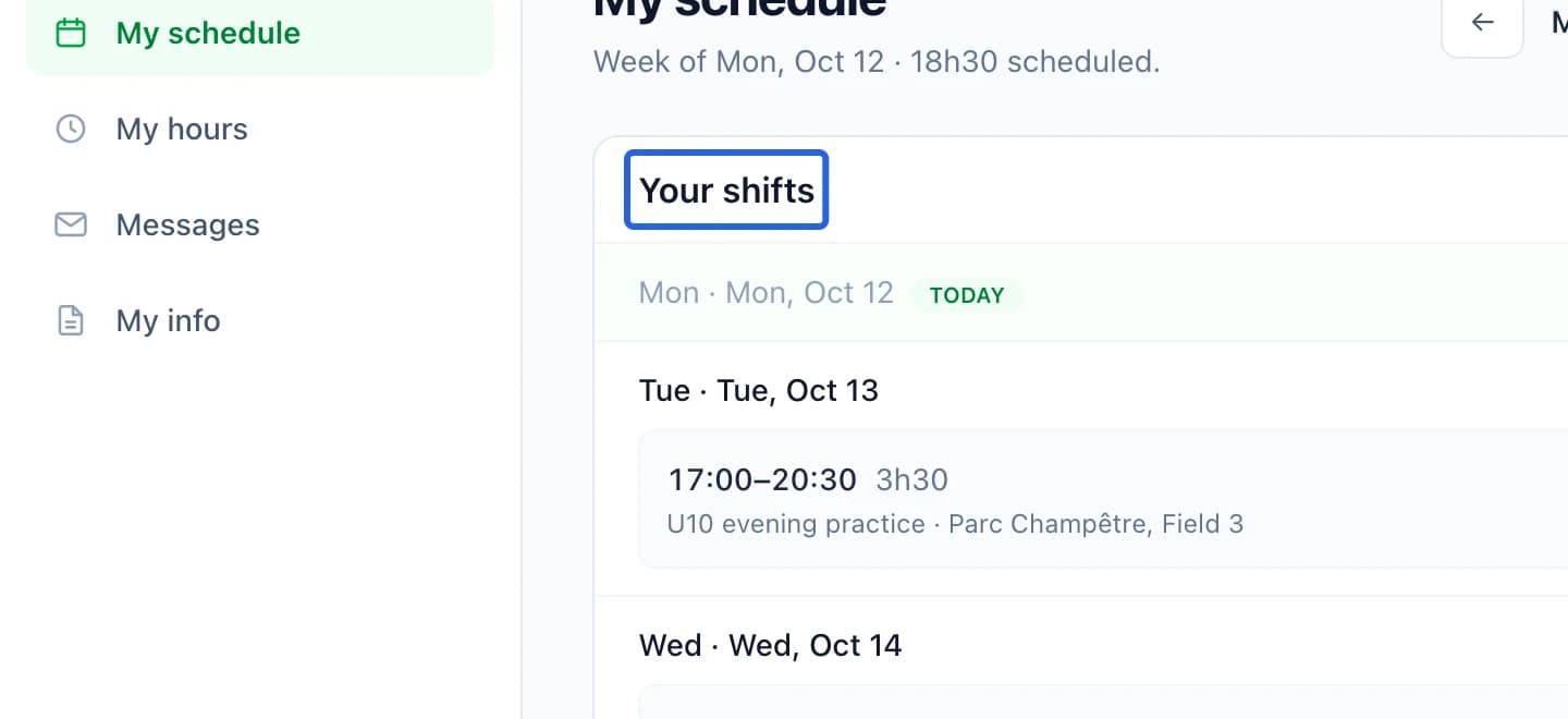 Screenshot: Check shifts and availability. The blue outlines identify the controls described in this step.