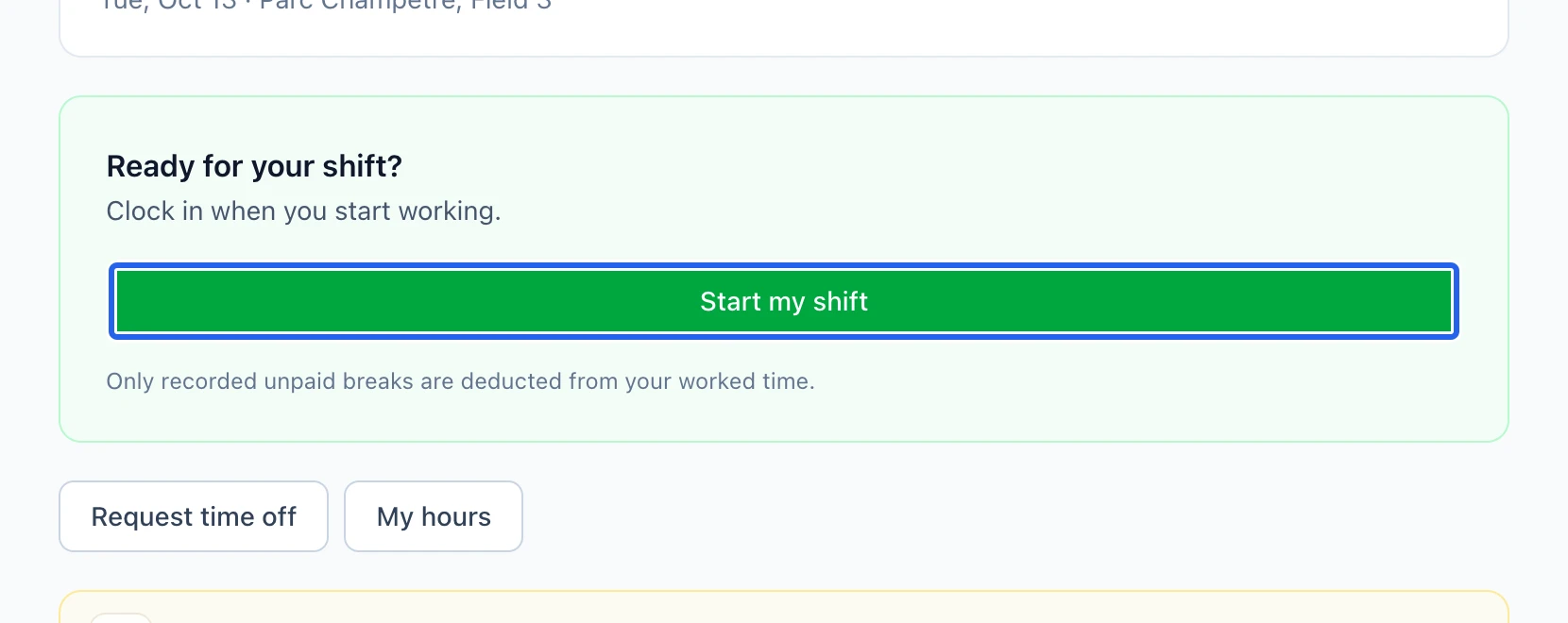 Screenshot: Record and review your hours. The blue outlines identify the controls described in this step.