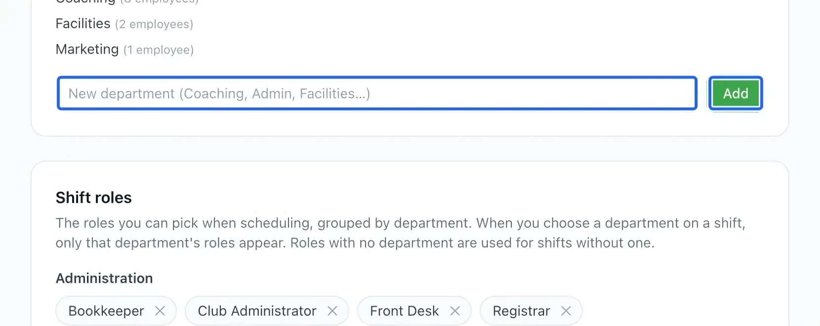 Screenshot: Create departments. The blue outlines identify the controls described in this step.
