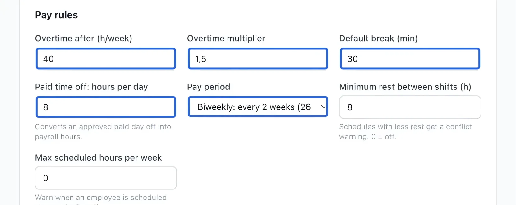Screenshot: Configure basic pay rules. The blue outlines identify the controls described in this step.