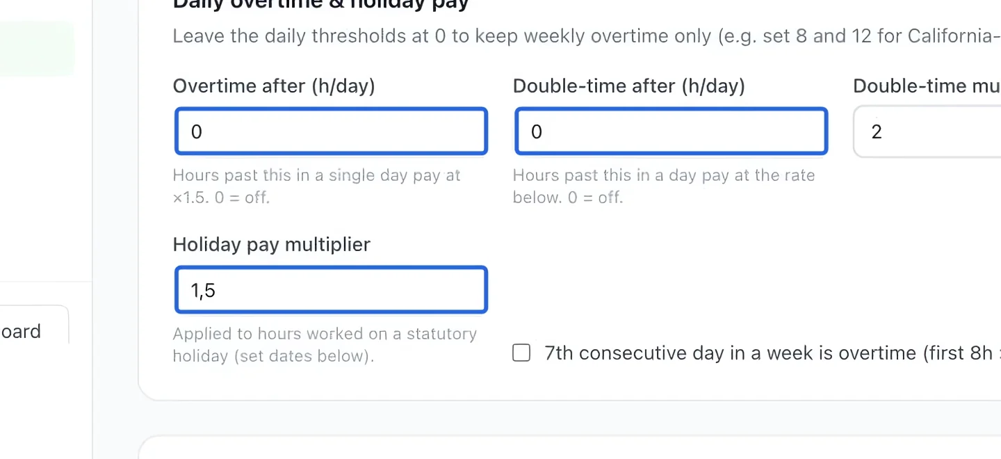 Screenshot: Review daily and holiday rules. The blue outlines identify the controls described in this step.