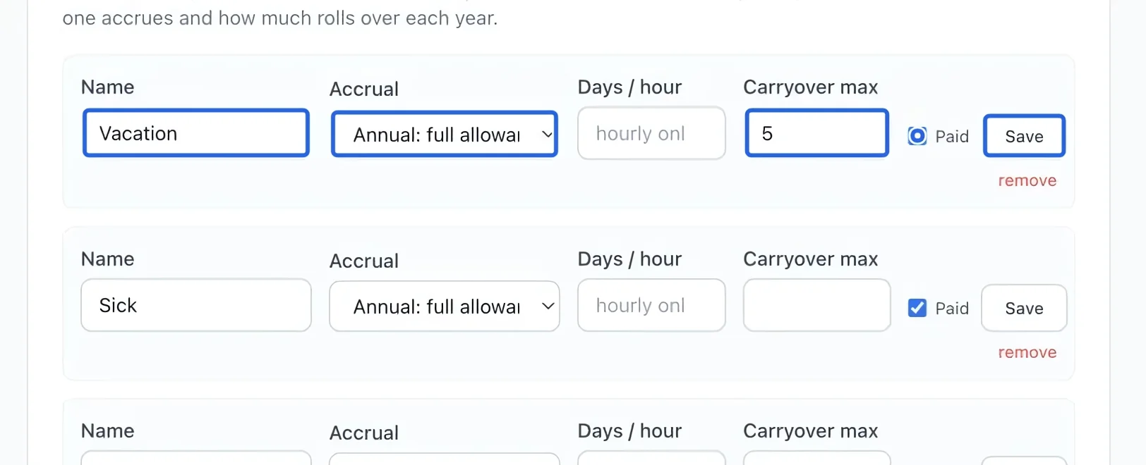 Screenshot: Configure leave types. The blue outlines identify the controls described in this step.