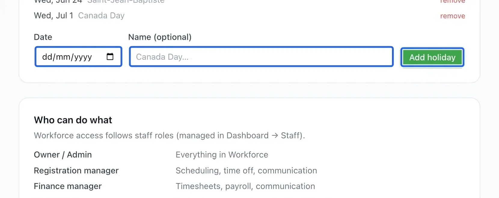 Screenshot: Add holidays. The blue outlines identify the controls described in this step.