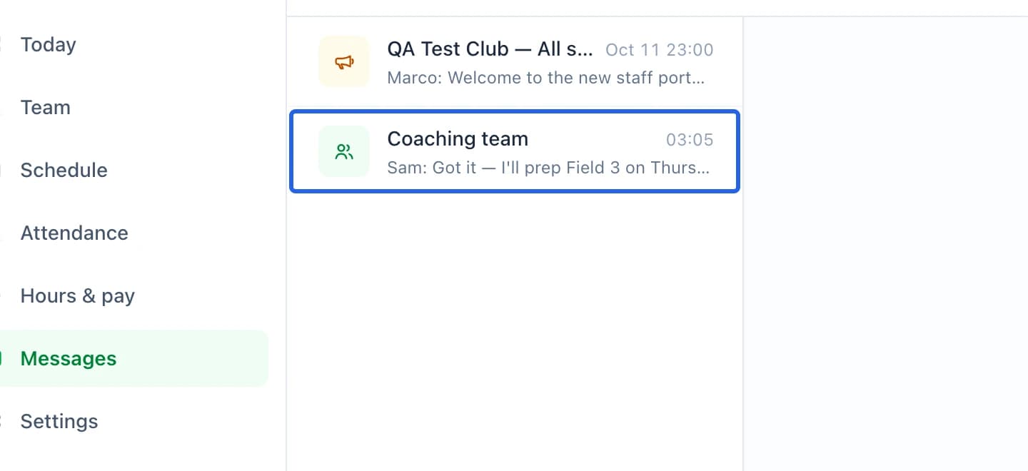 Screenshot: Open the right staff conversation. The blue outlines identify the controls described in this step.