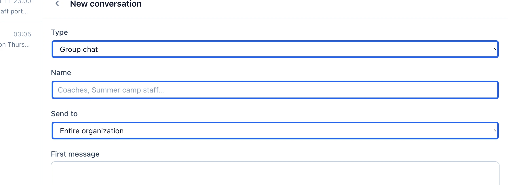 Screenshot: Choose a private message, group or announcement. The blue outlines identify the controls described in this step.