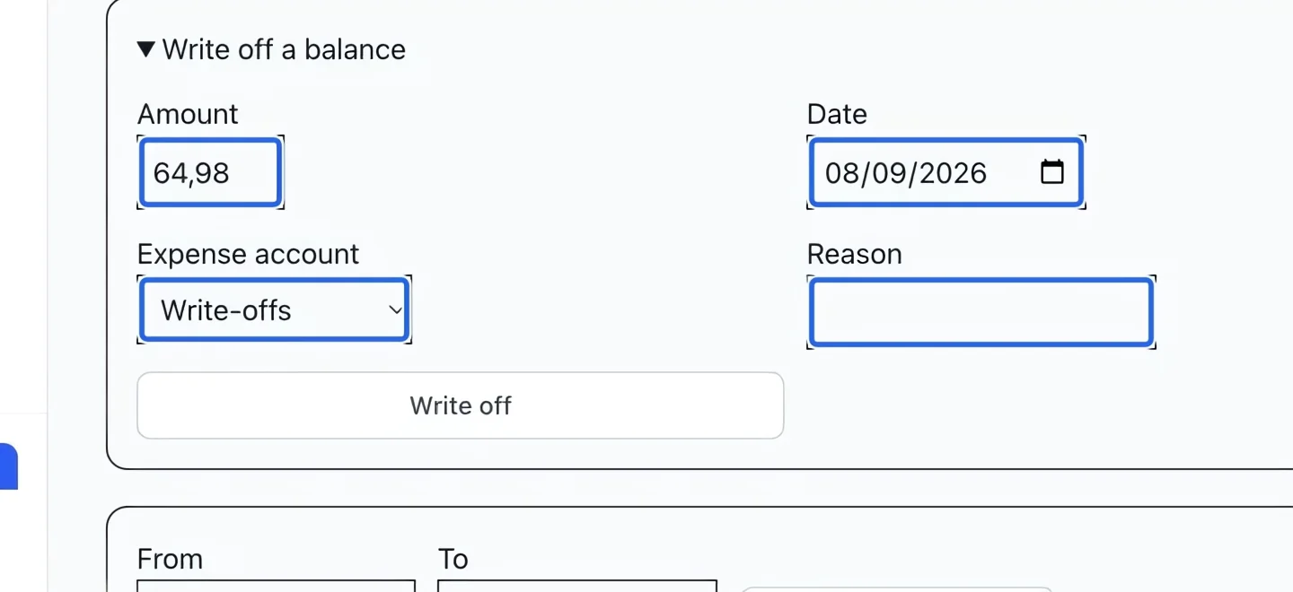 Screenshot: Specify the amount and expense. The blue outlines identify the controls described in this step.