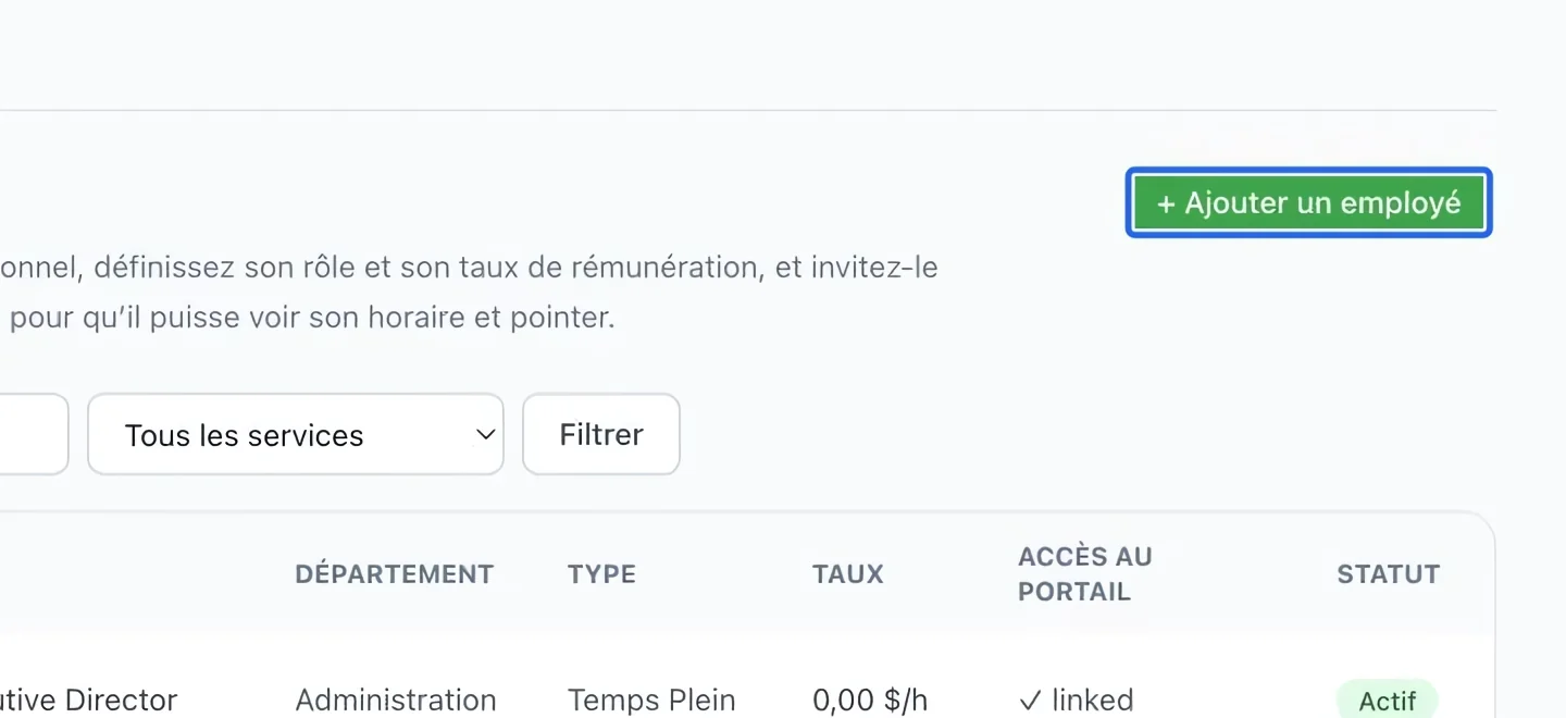 Capture : Ouvrir le formulaire employé. Les cadres bleus indiquent les commandes décrites dans cette étape.