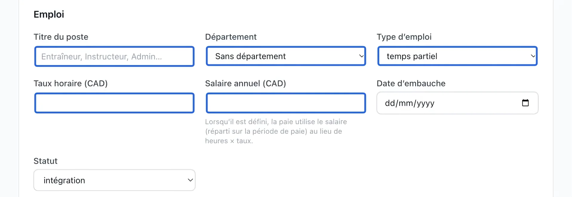 Capture : Définir les renseignements d’emploi. Les cadres bleus indiquent les commandes décrites dans cette étape.