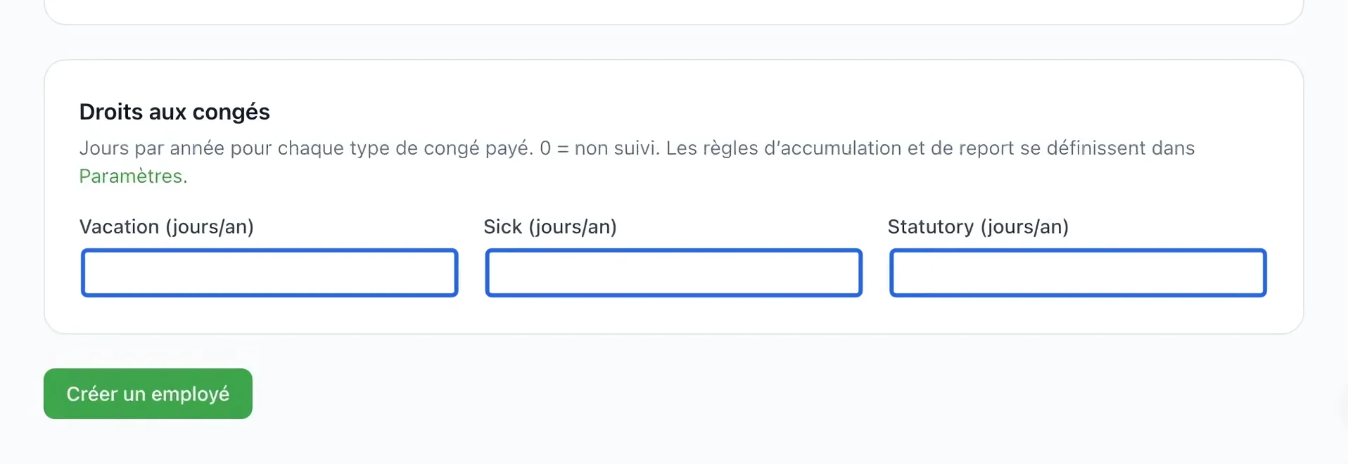 Capture : Saisir les droits aux congés. Les cadres bleus indiquent les commandes décrites dans cette étape.