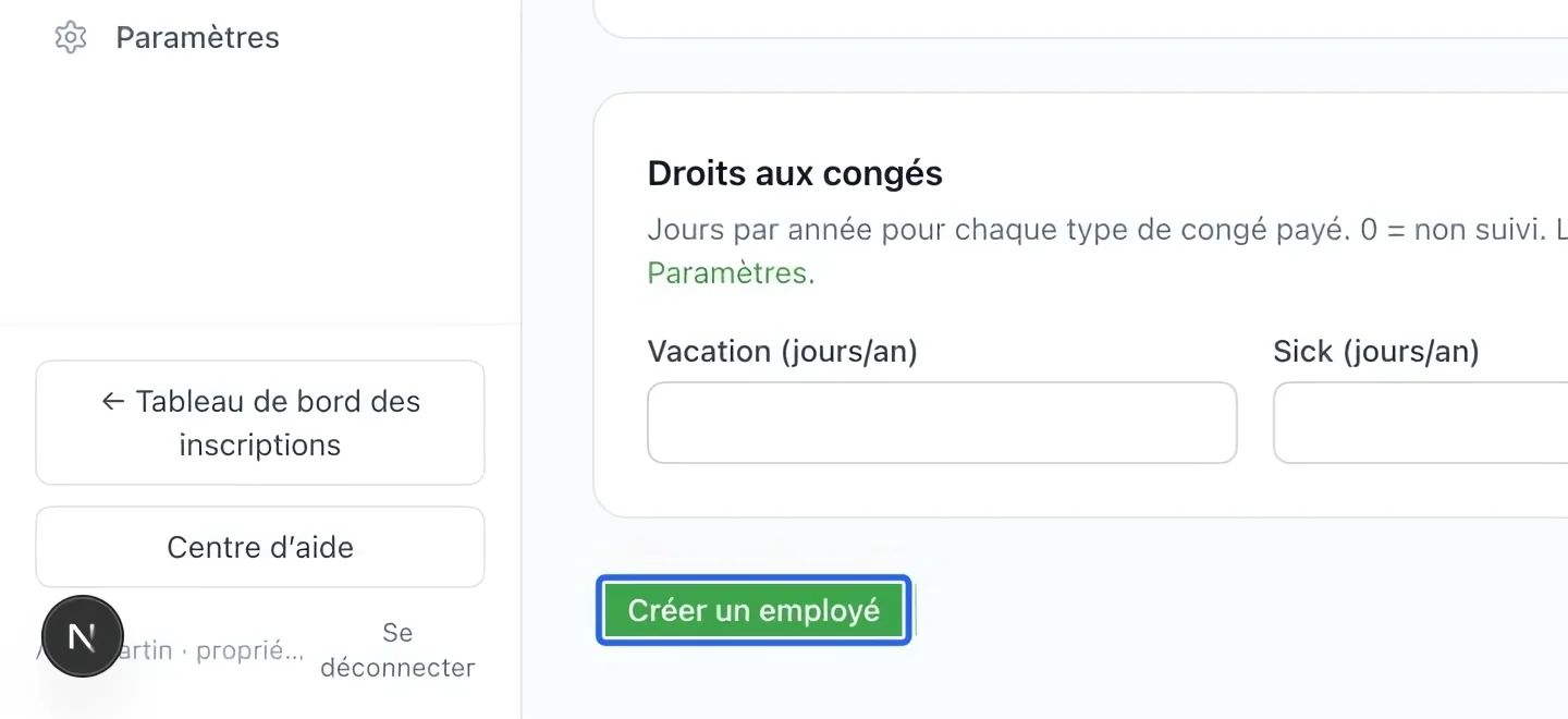 Capture : Créer l’employé. Les cadres bleus indiquent les commandes décrites dans cette étape.