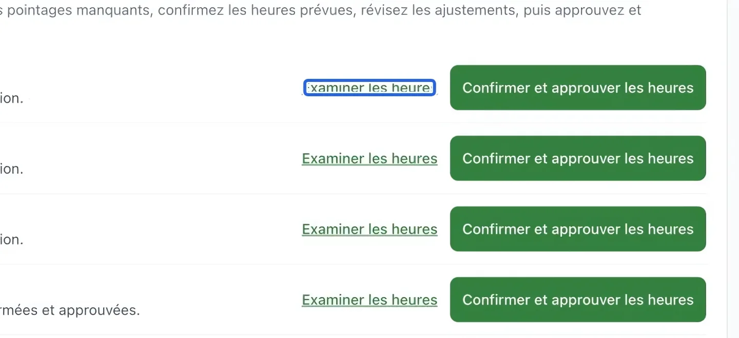 Capture : Vérifier les heures signalées. Les cadres bleus indiquent les commandes décrites dans cette étape.