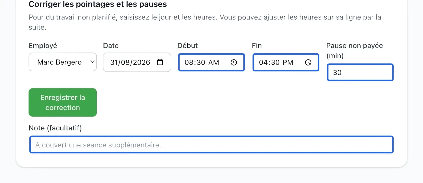 Capture : Corriger une entrée de temps. Les cadres bleus indiquent les commandes décrites dans cette étape.