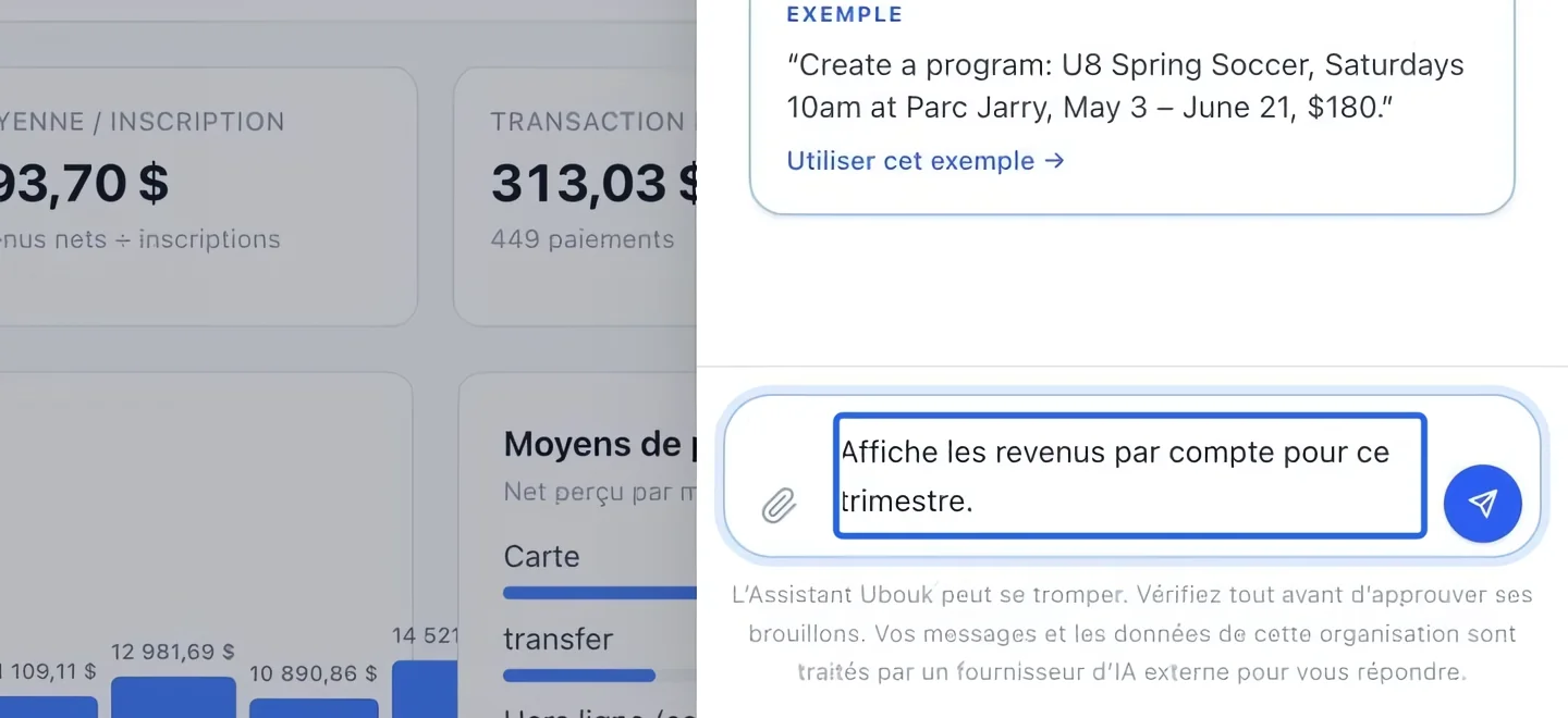 Capture : Poser une question financière précise. Les cadres bleus indiquent les commandes décrites dans cette étape.
