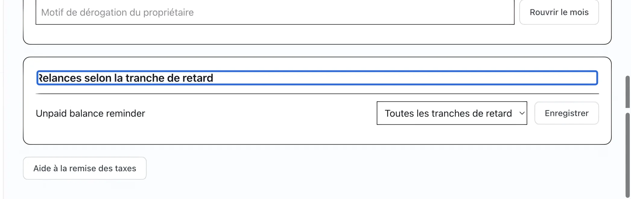 Capture : Préparer l’automatisation de solde impayé. Les cadres bleus indiquent les commandes décrites dans cette étape.